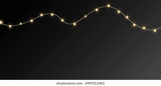 Christmas lights isolated on a transparent dark background. Set of golden Christmas glowing garlands. Vector illustration	