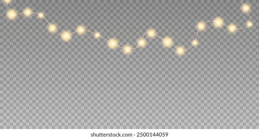 Christmas lights isolated on a transparent light background. Set of golden Christmas glowing garlands. Vector illustration	