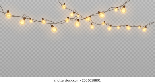 Christmas lights isolated on transparent background. Set of Christmas glowing garlands with glitter. For advertising invitations, web banners, cards. Vector