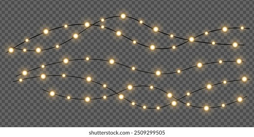 Christmas lights isolated on transparent background for cards, banners, posters, web design. Set of golden xmas glowing garland Led neon lamp Vector illustration
