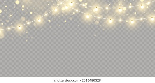 Christmas lights isolated on transparent background. Set of golden Christmas glowing garlands with sparks. For congratulations, invitations and advertising design. Vector