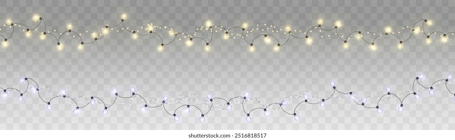 Christmas lights isolated on transparent background. Set of golden Christmas glowing garlands with sparks. For congratulations, advertising design invitations, web banners. Vector