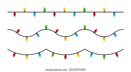 Christmas Lights Isolated on Transparent Background. Set of Christmas Lights Illustration. Christmas String Lights Vector Graphic for Christmas Card, Holiday Cover, Festive Backgrounds.