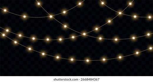 Christmas lights isolated on transparent background for cards, banners, posters, web design. Set of golden xmas glowing garland Led neon lamp Vector illustration