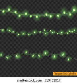 Christmas lights isolated on Transparent Background. Realistic design elements. Glowing green lights for Xmas Holiday greeting card design. vector illustration