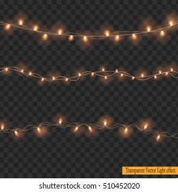 Christmas lights isolated on Transparent Background. Realistic design elements. Glowing orange lights, Garlands, for  decorations, Xmas Holiday greeting card design. vector illustration