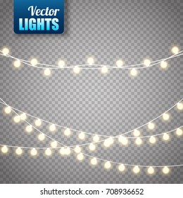 Christmas lights isolated on transparent background. Set of golden xmas glowing garland. Vector illustration