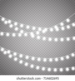 Christmas lights isolated on transparent background. Vector illustration of xmas glowing lights.