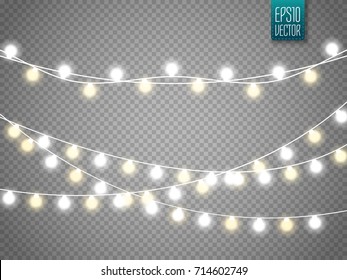 Christmas lights isolated on transparent background. Set of xmas glowing garland. Vector illustration