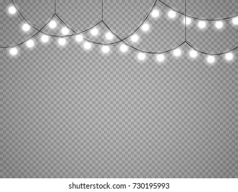 Christmas lights isolated on transparent background. Vector illustration of xmas glowing lights.