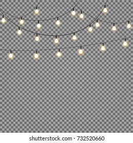 Christmas lights isolated on transparent background. Set of golden xmas glowing garland. Vector illustration
