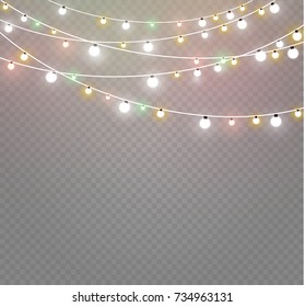 Christmas lights isolated on transparent background. Xmas glowing garland. Vector illustration