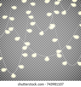 Christmas lights isolated on transparent background. Vector illustration of xmas glowing lights.