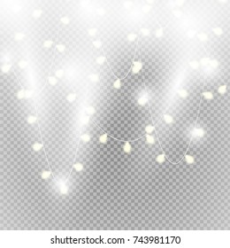 Christmas lights isolated on transparent background. Vector illustration of xmas glowing lights.