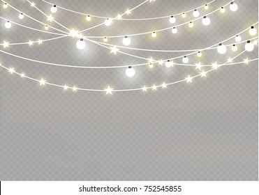 Christmas lights isolated on transparent background. Xmas glowing garland. Vector illustration