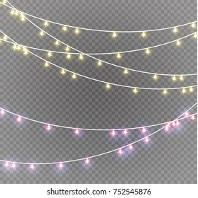Christmas lights isolated on transparent background. Xmas glowing garland. Vector illustration