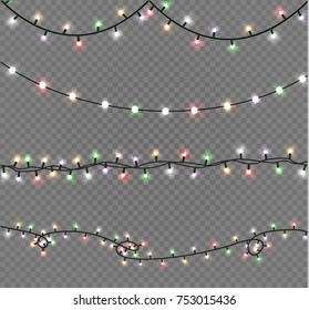 Christmas lights isolated on transparent background. Xmas glowing garland. Vector illustration