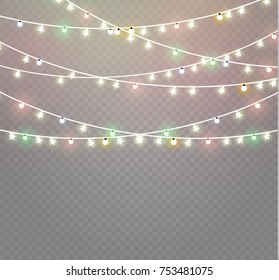 Christmas lights isolated on transparent background. Xmas glowing garland. Vector illustration