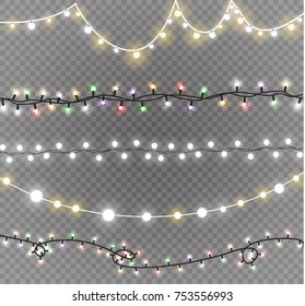 Christmas lights isolated on transparent background. Xmas glowing garland. Vector illustration