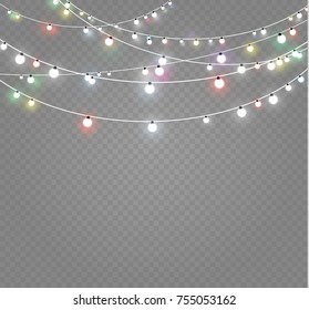 Christmas lights isolated on transparent background. Xmas glowing garland. Vector illustration