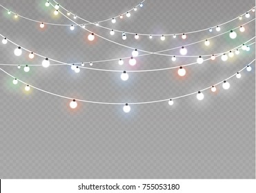 Christmas lights isolated on transparent background. Xmas glowing garland. Vector illustration