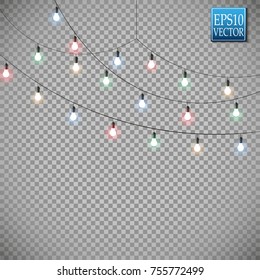 Christmas lights isolated on transparent background. Set of xmas glowing garland. Vector illustration