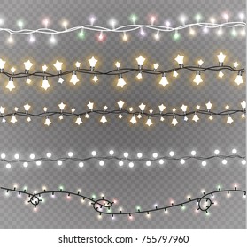 Christmas lights isolated on transparent background. Xmas glowing garland. Vector illustration