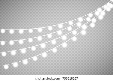 Christmas lights isolated on transparent background. Set of golden xmas glowing garland. Vector illustration