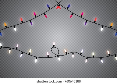 Christmas lights isolated on transparent background. Xmas glowing garland. Vector illustration