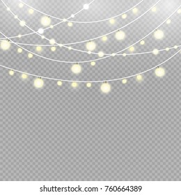 Christmas lights isolated on transparent background. Vector illustration of xmas glowing lights.