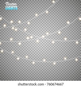 Christmas lights isolated on transparent background. Set of golden xmas glowing garland. Vector illustration