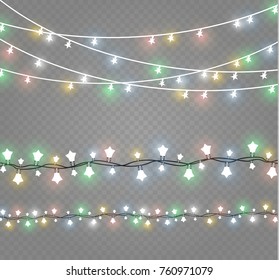 Christmas lights isolated on transparent background. Xmas glowing garland. Vector illustration