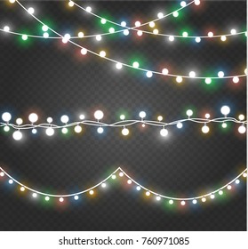 Christmas lights isolated on transparent background. Xmas glowing garland. Vector illustration