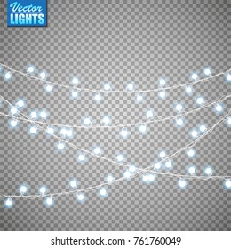 Christmas lights isolated on transparent background. Set of golden xmas glowing garland. Vector illustration