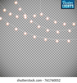 Christmas lights isolated on transparent background. Set of golden xmas glowing garland. Vector illustration