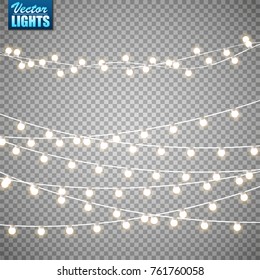 Christmas lights isolated on transparent background. Set of golden xmas glowing garland. Vector illustration