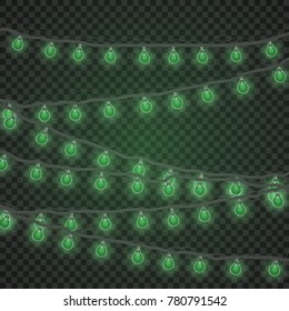 Christmas lights isolated on transparent background. Set of golden xmas glowing garland. Vector illustration