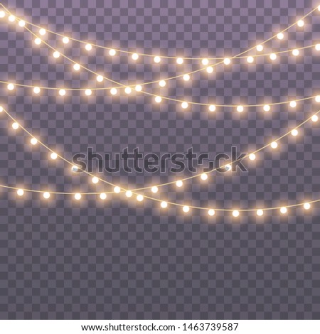 Christmas lights isolated on transparent background for cards, banners, posters, web design. Set of golden xmas glowing garland Led neon lamp Vector illustration