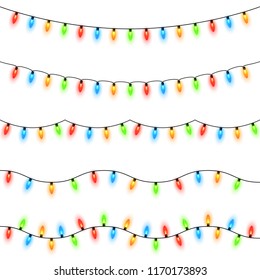 Christmas lights isolated on white background. Colorful bright Xmas garland. Vector red, yellow, blue and green glow light bulbs on wire strings. Festive vector template