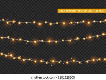 Christmas lights isolated realistic design elements. Xmas glowing lights. Garlands, Christmas decorations.