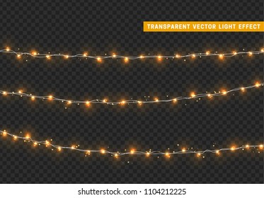 Christmas lights isolated realistic design elements. Xmas glowing lights. Garlands, Christmas decorations. Vector illustration