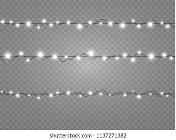 Christmas lights isolated realistic design elements. Glowing lights for Xmas Holiday cards, banners, posters, web design. Garlands decorations. Led neon lamp