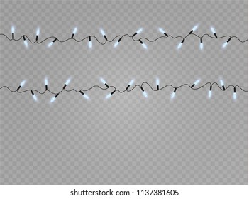 Christmas lights isolated realistic design elements. Glowing lights for Xmas Holiday cards, banners, posters, web design. Garlands decorations. Led neon lamp