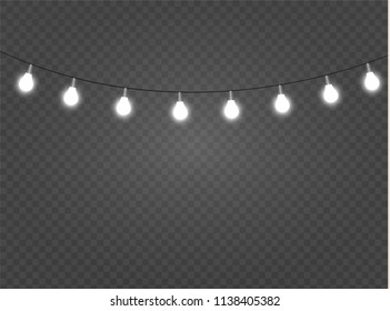 Christmas lights isolated realistic design elements. Glowing lights for Xmas Holiday cards, banners, posters, web design. Garlands decorations. Led neon lamp