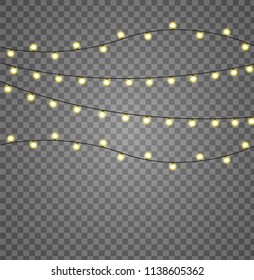 Christmas lights isolated realistic design elements. Glowing lights for Xmas Holiday cards, banners, posters, web design. Garlands decorations. Led neon lamp