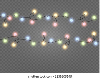 Christmas lights isolated realistic design elements. Glowing lights for Xmas Holiday cards, banners, posters, web design. Garlands decorations. Led neon lamp