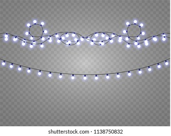 Christmas lights isolated realistic design elements. Glowing lights for Xmas Holiday cards, banners, posters, web design. Garlands decorations. Led neon lamp