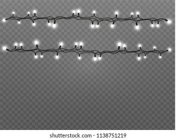 Christmas lights isolated realistic design elements. Glowing lights for Xmas Holiday cards, banners, posters, web design. Garlands decorations. Led neon lamp