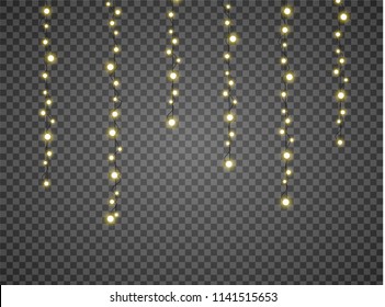 Christmas lights isolated realistic design elements. Glowing lights for Xmas Holiday cards, banners, posters, web design. Garlands decorations. Led neon lamp