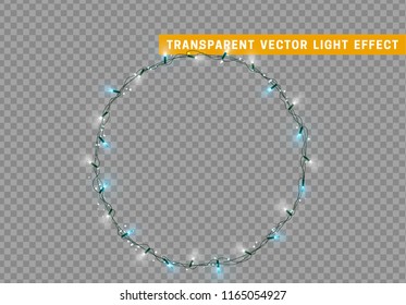 Christmas lights isolated realistic design elements. Glowing lights for Xmas Holiday cards, banners, posters, web design. Garlands decorations. Led neon lamp